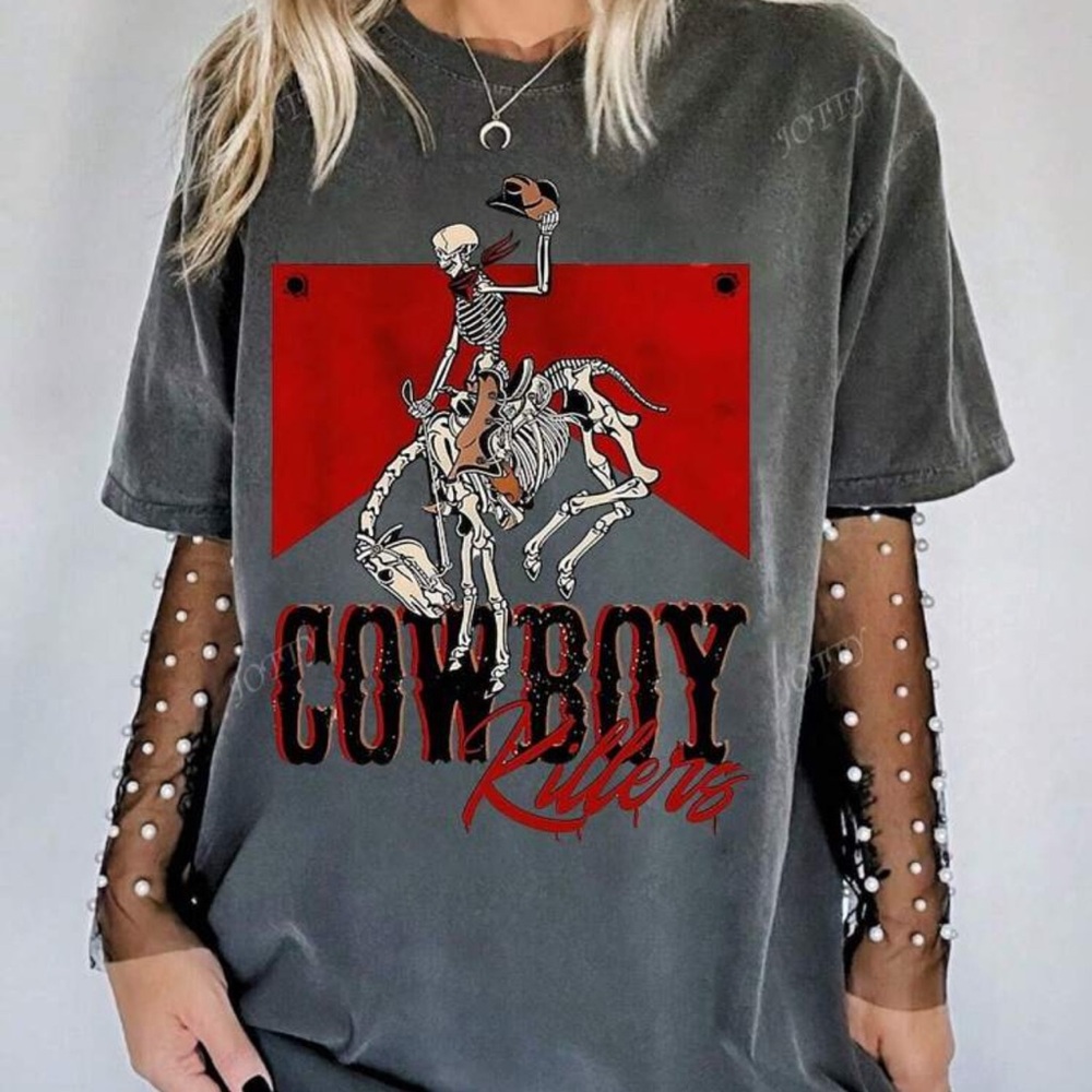 Edgy Graphic Tee with Skeleton Cowboy Design